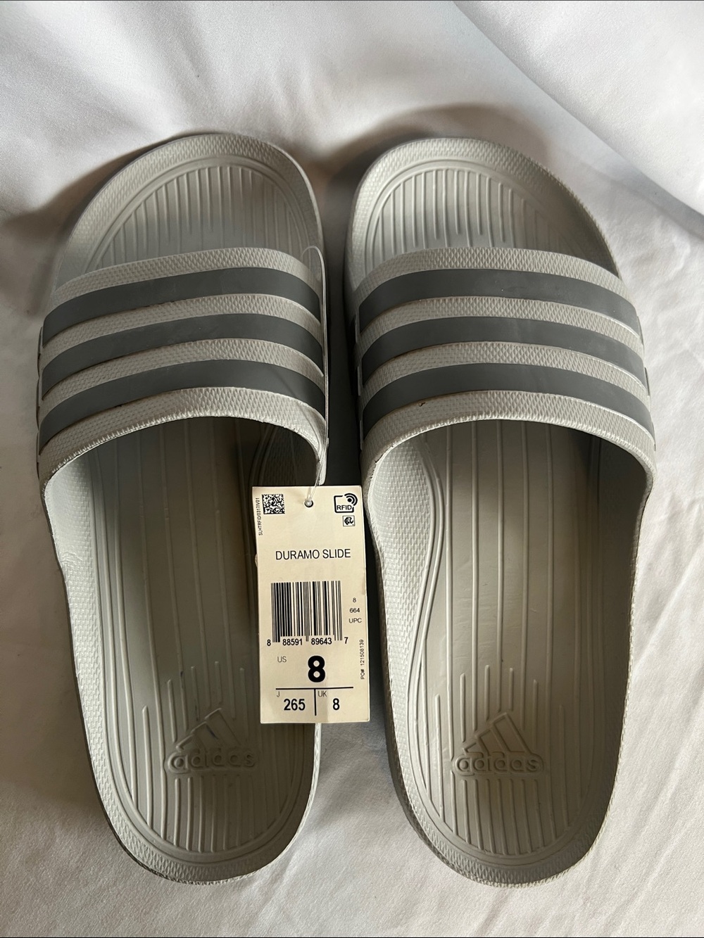 adidas Duramo Slide Sandals in Light Gray with Dark Gray Stripes New With Tags